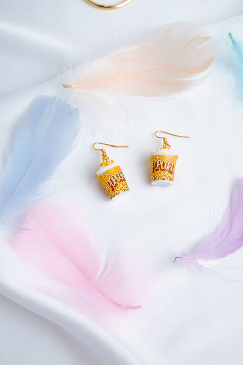 Whimsical Movie Date Earrings, Popcorn Earrings, Party Food Basket, Cheese Popcorn Bucket Earrings, Butter Popcorn Box Charm Dangle Earrings - Froppin