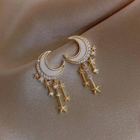 White Crescent Moon Golden Dangle Earrings Stars - Froppin