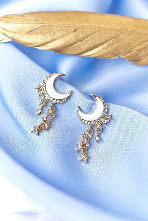 White Crescent Moon Golden Dangle Earrings Stars - Froppin