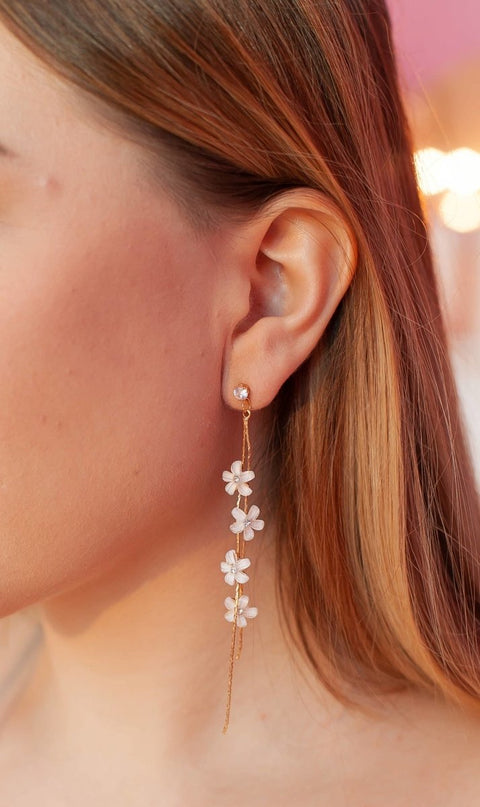 White Flowers Golden Threads Earrings • Jasmine Flower Floral Earrings • Dainty Natural Chandelier Dangle Earrings By Froppin - Froppin