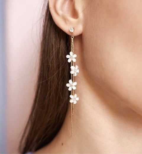 White Flowers Golden Threads Earrings • Jasmine Flower Floral Earrings • Dainty Natural Chandelier Dangle Earrings By Froppin - Froppin