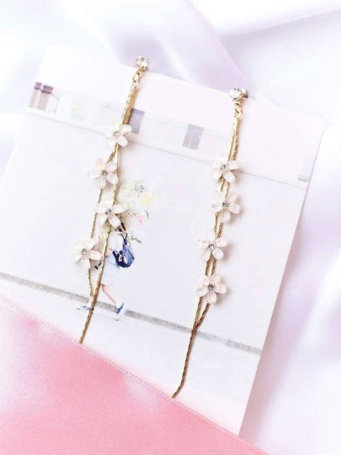 White Flowers Golden Threads Earrings • Jasmine Flower Floral Earrings • Dainty Natural Chandelier Dangle Earrings By Froppin - Froppin