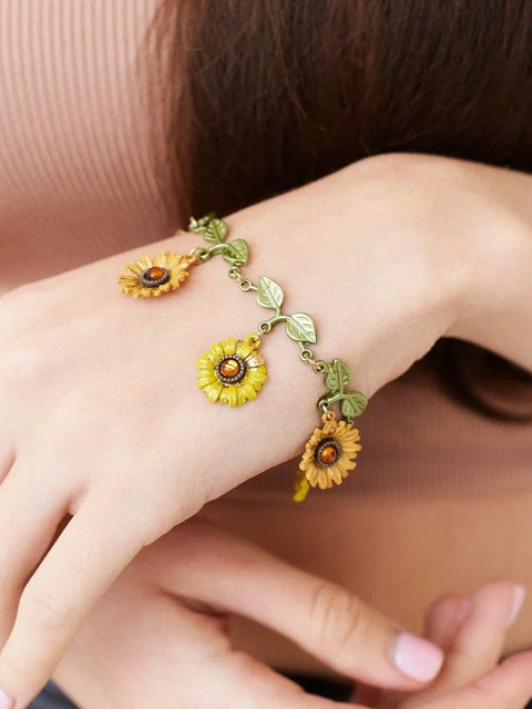 Wild Blooming Sunflower Enamel Earrings • Boho Charms Sunflower Nature Bracelet • Sunflower Leaves Artistic Jewelry Set • Gift For Her - Froppin