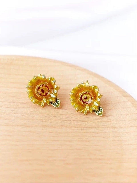 Wild Blooming Sunflower Enamel Earrings • Boho Charms Sunflower Nature Bracelet • Sunflower Leaves Artistic Jewelry Set • Gift For Her - Froppin