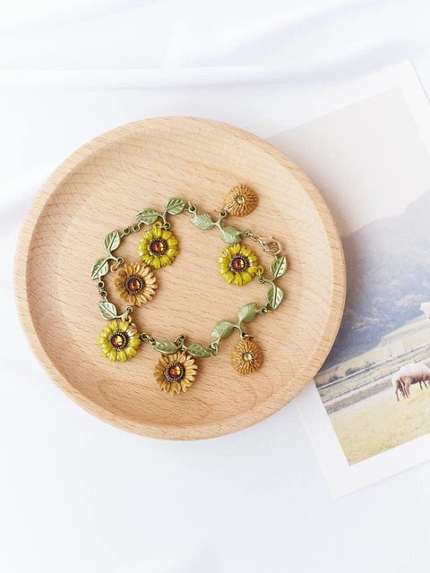 Wild Blooming Sunflower Enamel Earrings • Boho Charms Sunflower Nature Bracelet • Sunflower Leaves Artistic Jewelry Set • Gift For Her - Froppin