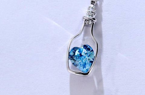 Wishing Bottle Zircon Crystal Blue Silver Plated Cute Charm Pendant Necklace - Froppin