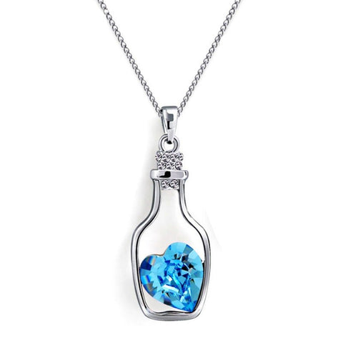 Wishing Bottle Zircon Crystal Blue Silver Plated Cute Charm Pendant Necklace - Froppin